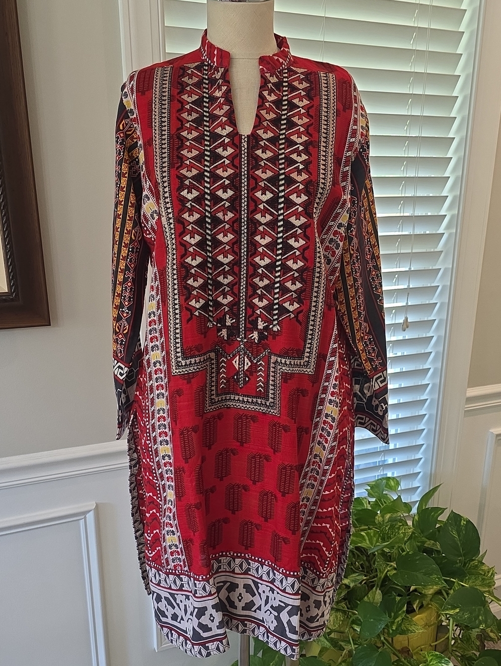 Boho Red Printed Tunic with Ethnic Panel Detail